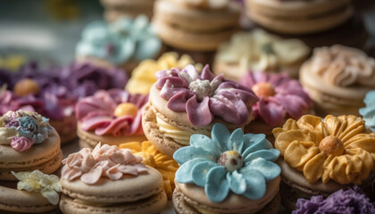 Luxury French dessert buffet with gourmet macaroons and meringue variations generated by AI