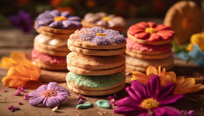 A homemade gourmet dessert plate with fresh baked cookies and macaroons generated by AI