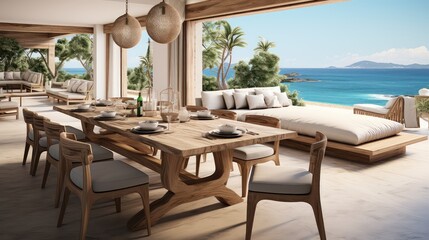 A living room modern beach house with swimming pool and terrace.