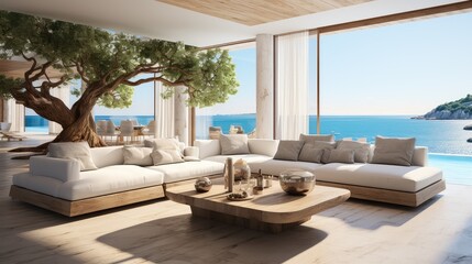 Fototapeta na wymiar A living room modern beach house with swimming pool and terrace.