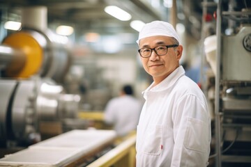 an asian engineering worker in white uniform standing in a production factory