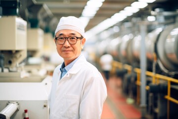 an asian engineering worker in white uniform standing in a production factory