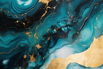 Abstract teal and black art with marble swirls, agate ripples, beautiful organic background and gold glitter. Generative AI