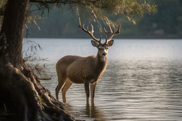 horned deer by the lake. Generative AI