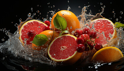 Freshness of nature bounty  juicy fruits, splashing water, refreshing drinks generated by AI