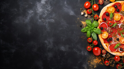 delicious italian pizza on black concrete background. Copy space. Top view. Food ingredients and spices for cooking mushrooms, tomatoes, cheese, onion, oil, pepper, salt and basil.