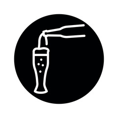 Beer pouring from dark bottle black line icon.