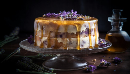 A decadent homemade cheesecake with dark chocolate and berry decoration generated by AI