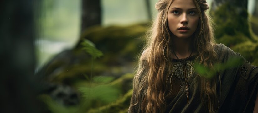 A girl from Scandinavia in a vast medieval forest tale With copyspace for text