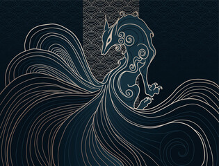 vector abstract illustration of japanese fantasy creature nine tailed fox kitsune in black and gold colours	 - obrazy, fototapety, plakaty