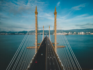 Penang bridge architecture aerial top down view during sunrise. - Powered by Adobe