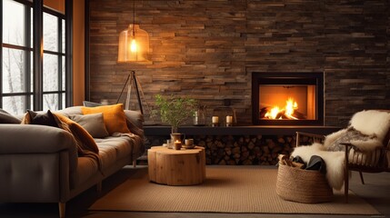 The interior of the cozy country-style living room with a modern sofa with fireplace creates a warm inviting atmosphere in dark tones.