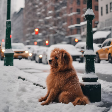 Fluffy dog in heavy snowy city street sitting waiting for green light.