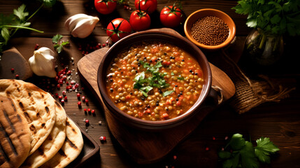 Lentil traditional Turkish soup on an old wooden table with bread and vegetables. Lunch in a Turkish cafe, travel blog about world cuisine, delicious and healthy food, idea for menu design - obrazy, fototapety, plakaty
