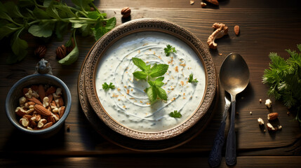 Yogurt traditional soup decorated with mint leaf, thick and fatty soup of Turkish cuisine on a wooden table in a cafe. Idea for an advertisement or article about traditional oriental dishes - obrazy, fototapety, plakaty