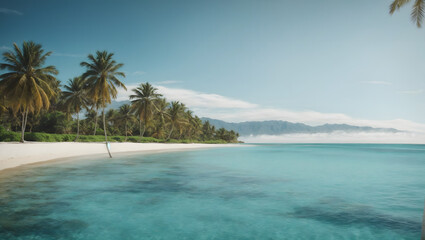 A serene beach scene with palm trees and crystal-clear blue water