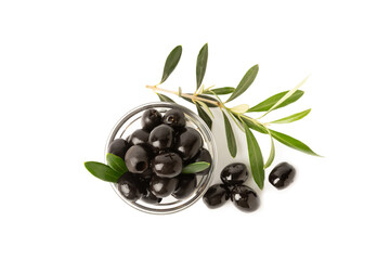 Tasty black olives isolated on white background. Olive and olive tree branches on a white table....