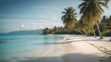 A serene beach scene with palm trees and crystal-clear blue water