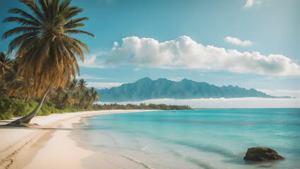 A serene beach scene with palm trees and crystal-clear blue water