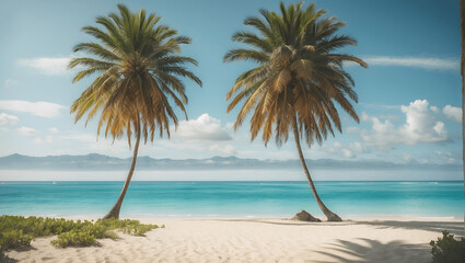 A serene beach scene with palm trees and crystal-clear blue water