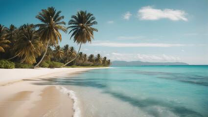 A serene beach scene with palm trees and crystal-clear blue water