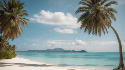 A serene beach scene with palm trees and crystal-clear blue water