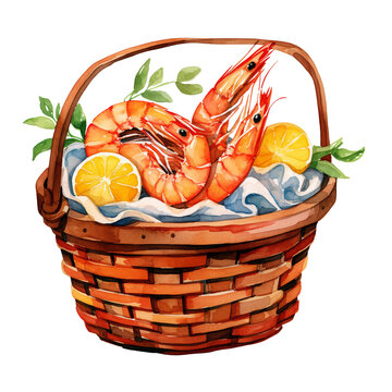 Watercolor Shrimp Basket, Seafood Delicacy Isolated Illustration