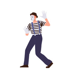 Male mime actor cartoon character with face makeup wearing cute costume performing comedy on street