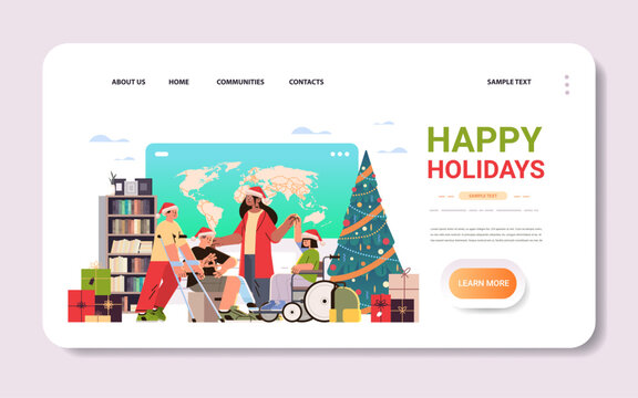 group of disabled men and women in santa claus hats meeting with special needs teacher in inclusive classroom feeling positive and confident people with disabilities