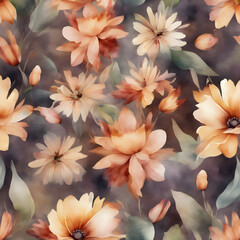 Watercolor flowers pattern, photorealistic with warm tones.