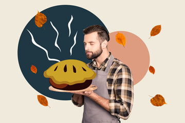 Artwork collage picture of baker guy apron hands hold fresh baked pie enjoy smell flying leaves...