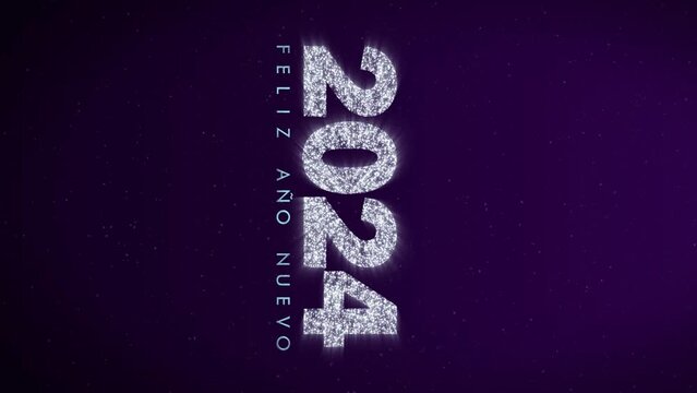 Feliz ano nuevo 2024. Happy New Year 2024 vertical silver text with colourful fireworks. Spanish greeting. Silver animated letters and numbers on purple background.