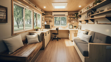 An interior image of a cozy and well-furnished container tiny house, demonstrating that small spaces can offer comfort and convenience. Ideal for lifestyle and home decor promotions. - obrazy, fototapety, plakaty