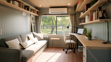 Fototapeta premium An interior image of a cozy and well-furnished container tiny house, demonstrating that small spaces can offer comfort and convenience. Ideal for lifestyle and home decor promotions.