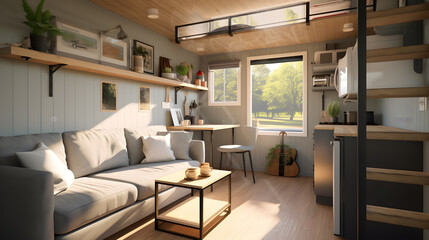 Fototapeta na wymiar An interior image of a cozy and well-furnished container tiny house, demonstrating that small spaces can offer comfort and convenience. Ideal for lifestyle and home decor promotions.
