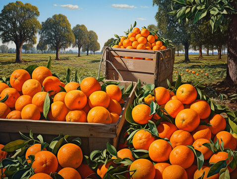 Ripe orange fruits that have been harvested are gathered in one place before being taken out of the farm to be marketed.