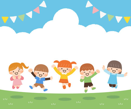 ジャンプをする元気な子供達と青空のイラスト素材