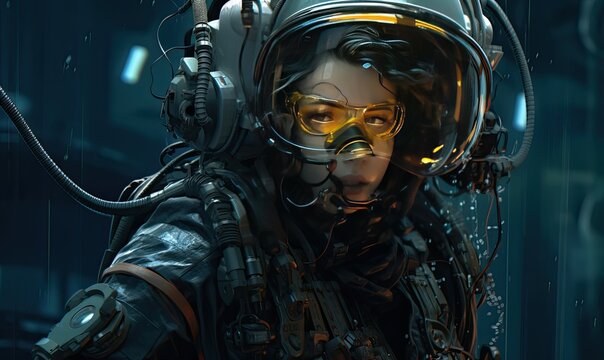 The cyberpunk portrait captures the essence of a female diver exploring the mysterious depths of the sea.
