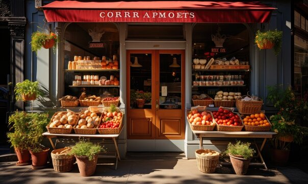 The inviting storefront of Carnets and Tomatoes Grocery Store beckons shoppers with its bountiful selection of vibrant fruits and vegetables.