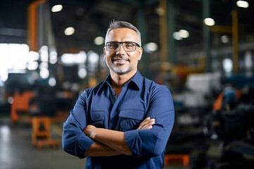 Obraz premium male engineer wear safety helmet cross his arms smiling to camera in industrial factory.