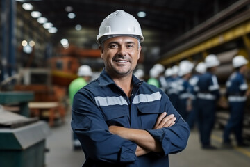 male engineer wear safety helmet cross his arms smiling to camera in industrial factory.