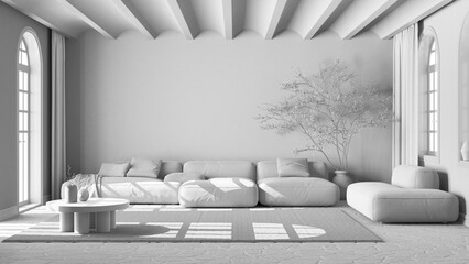 Total white project draft, scandinavian nordic living room. Velvet sofa with carpet, vaulted ceiling and stone floor. Minimal interior design - obrazy, fototapety, plakaty
