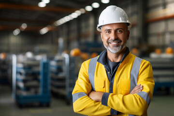 male engineer wear safety helmet cross his arms smiling to camera in warehouse .