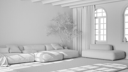 Total white project draft, scandinavian nordic living room. Velvet sofa with pillows and carpet, potted tree and decors. Minimalist modern interior design © ArchiVIZ