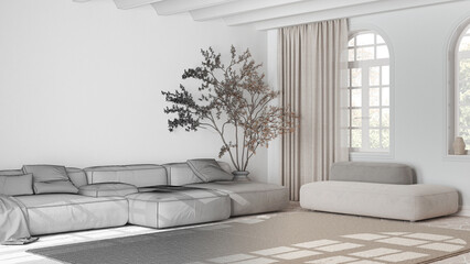 Architect interior designer concept: hand-drawn draft unfinished project that becomes real, scandinavian nordic living room. Minimalist modern style © ArchiVIZ
