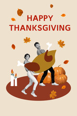 Vertical collage of two mini black white effect people arms hold huge heavy turkey happy...