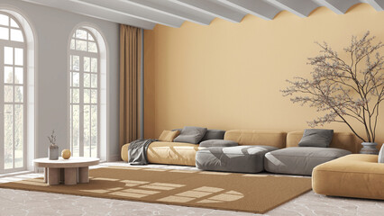 Fototapeta na wymiar Contemporary living room in white and yellow tones. Velvet sofa and carpet. Stone floor, arched windows and vaulted ceiling. Minimalist interior design