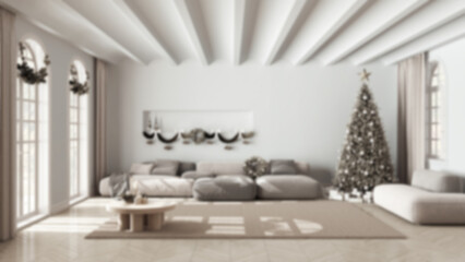 Blurred background, minimal modern living room with parquet and vaulted ceiling, Christmas tree and decors, winter, new year scandinavian interior design