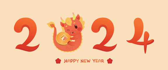 Red Baby Dragon holding a golden coin. 2024 Year of dragon Vector illustration.