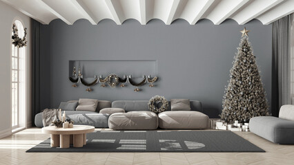 Modern living room with sofa and carpet, parquet and vaulted ceiling. Christmas tree and presents, white and gray scandinavian minimalist interior design